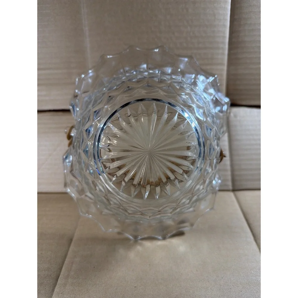 Rare Vintage Fostoria American Cube Glass Basket Wicker Handle Ruffled Rim